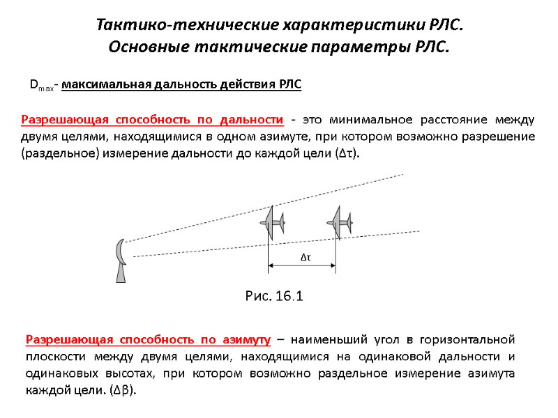 Тактико-технические характеристики РЛС. Основные тактические параметры РЛС. Dmax- максимальная дальность действия РЛС Разрешающая способность